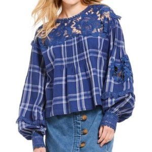 Free People Blue Darling Diana Plaid Lace Floral Blouson Top Boho Romantic